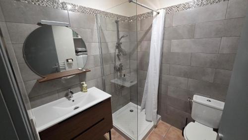 a bathroom with a shower and a toilet and a sink at Studios Terrasses du Rempart in Avignon
