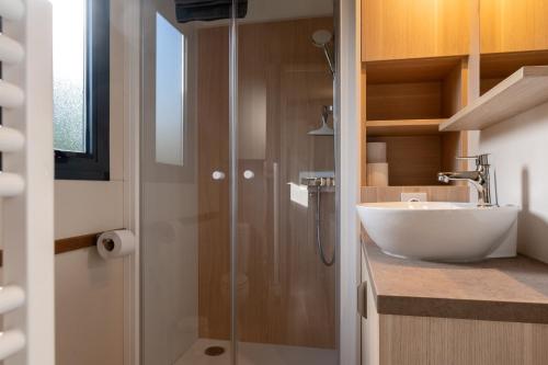 a bathroom with a sink and a shower at Chalet 30m2 - Ouessant in Plouhinec