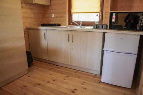 a kitchen with a white refrigerator and a sink at Ośrodek Rekreacyjno-Wypoczynkowy Żuczek, Debrzno in Debrzno