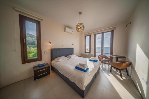 a bedroom with a bed and a table and chairs at Villa Pantheon with Private Pool & Jacuzzi in Pomos