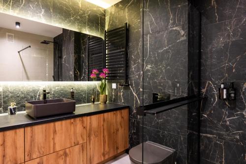 a bathroom with a sink and a mirror at Mountain Mood by Apart Concept Podhale in Kościelisko