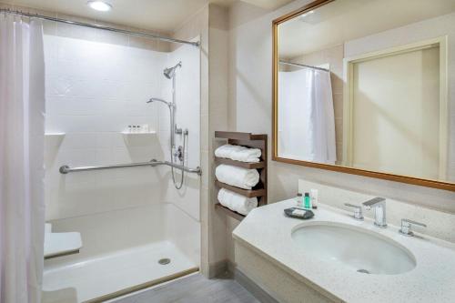 a bathroom with a sink and a shower and a tub at Sheraton Music City Nashville Airport in Nashville