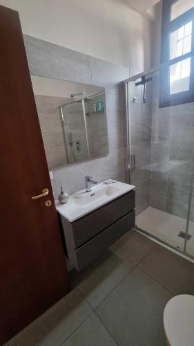 a bathroom with a sink and a shower at Appartamento Trezzo sull'Adda in Trezzo sullʼAdda