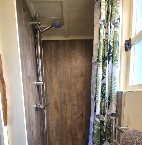 a shower in a bathroom with a wooden wall at Firbank Park Shepherd Huts in Dinnet