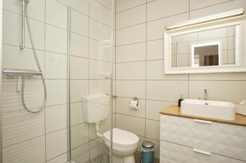 a bathroom with a toilet and a sink and a shower at Ferienhus Baabe Ferienwohnung 01 mit gratis Nutzung vom AHOI Erlebnisbad und Sauna in Sellin in Baabe
