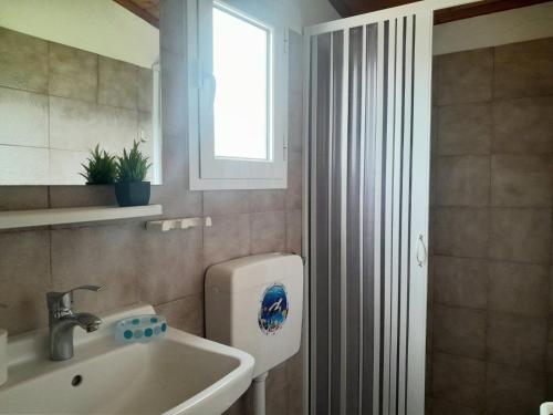a bathroom with a sink and a window and a mirror at ambelos view in Kotronas