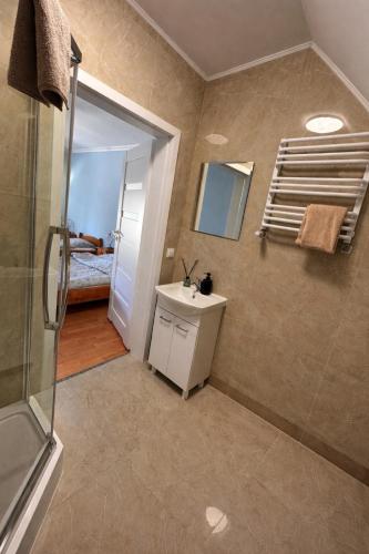 a bathroom with a sink and a shower at U Gienka Pod Lasem in Święta Katarzyna