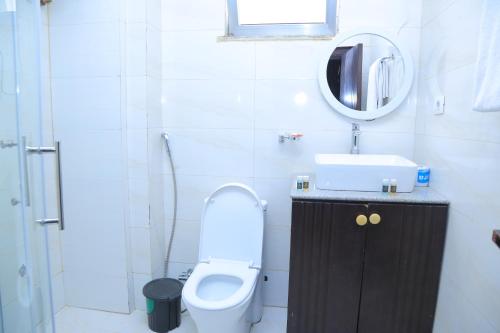 a bathroom with a toilet and a sink and a mirror at yellow apple hotel in Addis Ababa