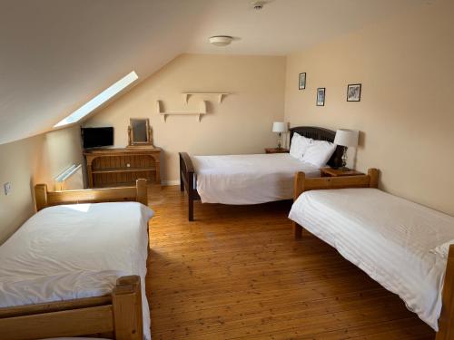 a hotel room with two beds and a tv at Kerry Ocean Lodge Room only in Glenbeigh