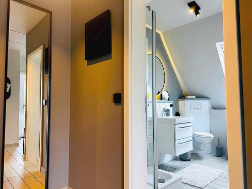 a bathroom with a toilet and a sink at Wohnung Koje ³ in Böhl