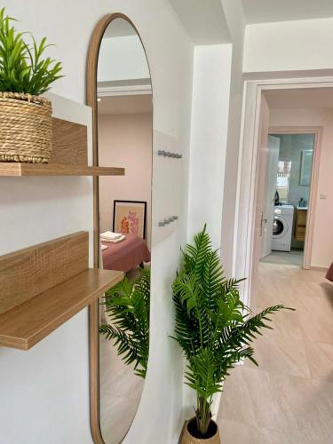 a mirror on a wall in a room with a plant at Nikol's central suite 1 in Nea Peramos