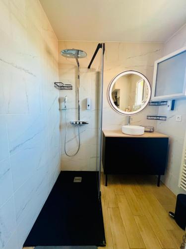 a bathroom with a sink and a mirror at L'Escale paisible in Gardanne
