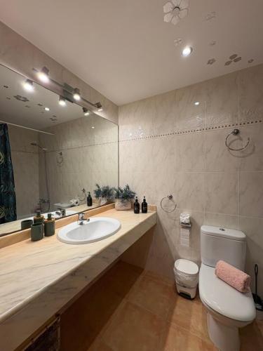 a bathroom with a sink and a toilet and a mirror at Casa Campanilla in Riumar