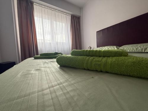a bedroom with two green beds and a window at Green Paradise in Curtea de Argeş