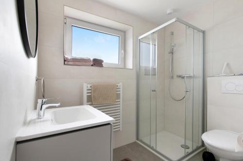 a bathroom with a sink and a glass shower at Ferienwohnung Emilia 2 in Garding