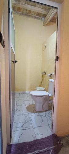 a bathroom with a toilet in the middle of a room at Diafat ISSIRIDEN in Tazrouft