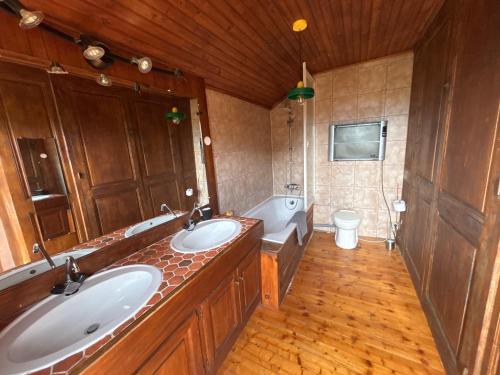 a bathroom with two sinks and a tub and a toilet at Exceptional house with a pool in Jarrie