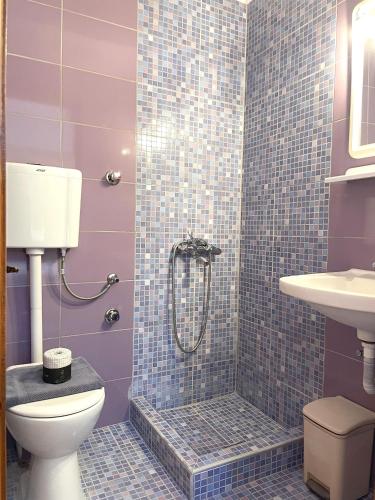 a bathroom with a shower with a toilet and a sink at Lenitsa Central Parga Rooms in Parga