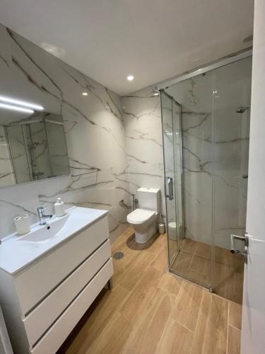 a bathroom with a shower and a sink and a toilet at Areias do Norte in Póvoa de Varzim