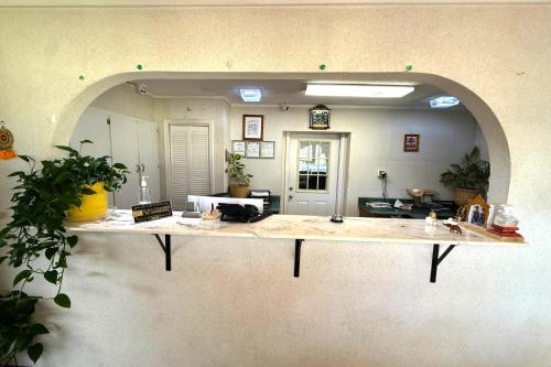 a bathroom with a counter with a large mirror at Riviera Motel Elba Near Enterprise US 84 in Elba