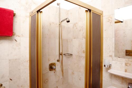 a shower with a glass door in a bathroom at Schlicks Dümmer Kojen in Lembruch