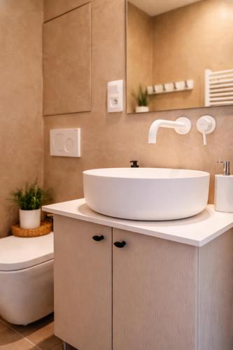 a bathroom with a sink and a toilet at SLEEP INN - Kyoto Suites South Antwerp in Antwerp