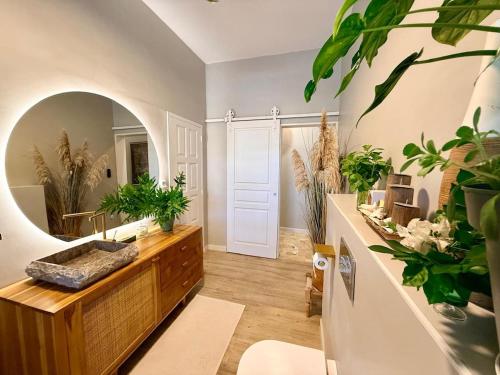 a bathroom with a sink and a mirror at Villa Chic à Petit-Havre in Le Gosier