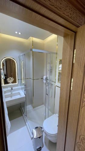 a bathroom with a shower and a toilet and a sink at Sahro Hotel Khiva in Khiva