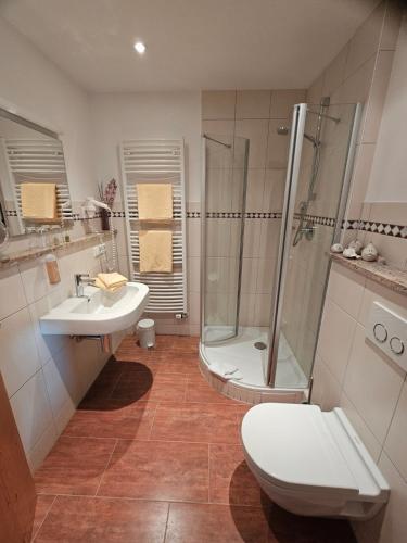 a bathroom with a toilet and a shower and a sink at Bürgerstüble in Sankt Peter