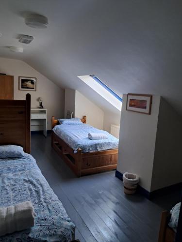 a attic bedroom with two beds and a skylight at The Old Coastguard Lodge in Dingle