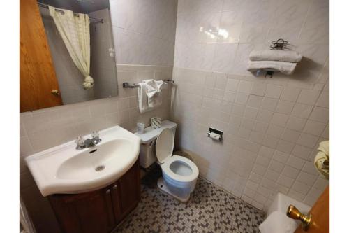a bathroom with a sink and a toilet and a mirror at Motel Edgebrook Chicago North Shore By Oyo in Chicago