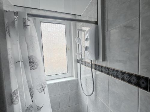 a bathroom with a shower and a window at Edinburgh Cozy Apartment in Edinburgh