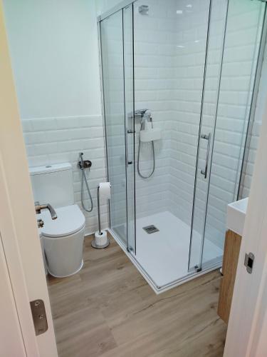 a bathroom with a toilet and a glass shower at El Pinar Beach in Comillas