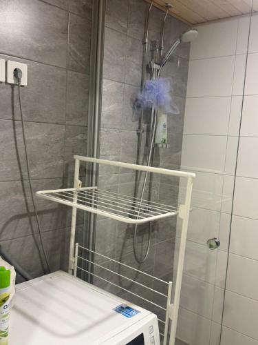 a shower with a shower head in a bathroom at Urban Pair Luxe Suites in Vantaa