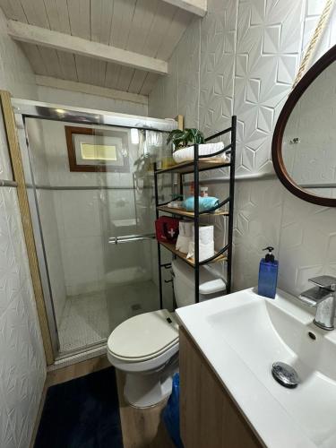 a bathroom with a shower and a toilet and a sink at Casa Selva Escondida in Los Altos de Cerro Azul