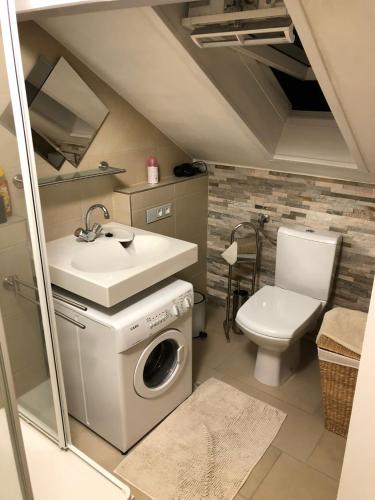 a bathroom with a washing machine and a sink at Studio Banniza in Wolfratshausen