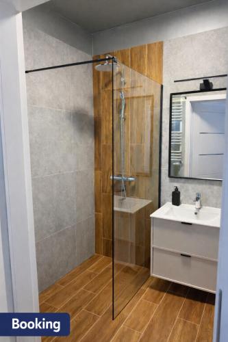 a bathroom with a shower and a sink at PikApart in Olsztyn