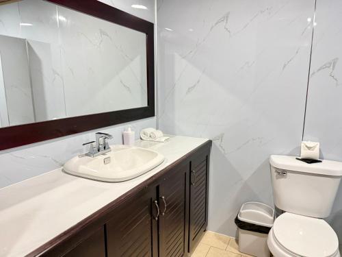 a bathroom with a sink and a toilet and a mirror at Tropical Bliss Pool Wi-Fi BBQ Near Quepos Manuel Antonio in Quepos