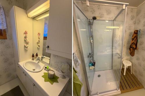 a bathroom with a shower and a sink at Cozy House by the Lake in Vestvågøya