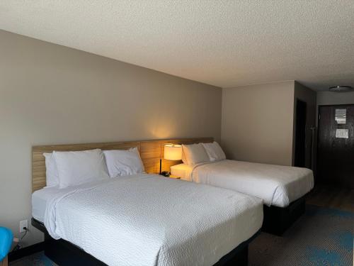 a hotel room with two beds and a lamp at Days Inn by Wyndham Sault Ste Marie MI in Sault Ste. Marie