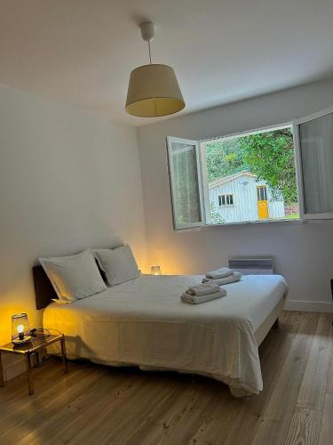 a bedroom with a large bed and a window at La Maison du Square in La Teste-de-Buch