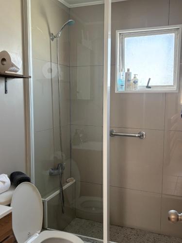 a bathroom with a shower with a toilet and a window at Casa de Melinka in Mejillones