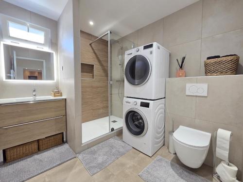 a bathroom with a washing machine and a toilet at Appartement Dora in Villiers-sur-Marne