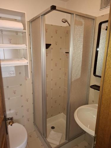 a shower in a bathroom with a toilet and a sink at Campiglio Trilocale Monte Spinale in Madonna di Campiglio
