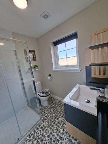 a bathroom with a shower and a sink and a toilet at The Glen Lodges, Muriel Cabin in Auckingill