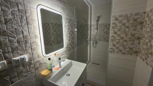 a bathroom with a sink and a shower and a mirror at Infinity Pyramids Inn in Giza
