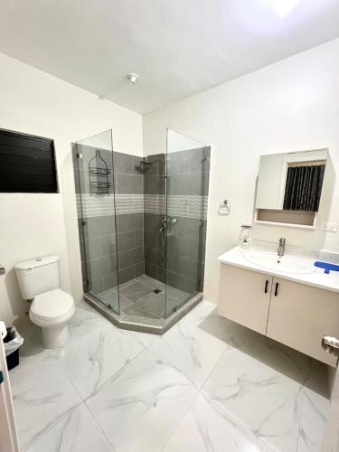 a bathroom with a shower and a toilet and a sink at The Cozy Cot in Discovery Bay