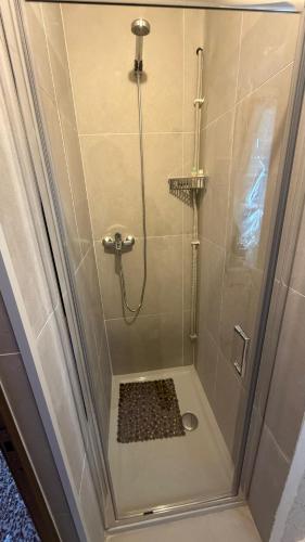 a shower with a glass door in a bathroom at Casa Valeria in Pescia