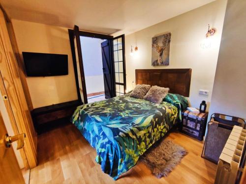 a bedroom with a bed and a flat screen tv at Acojedor dúplex en la naturaleza in Valencia de Aneu