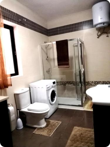 a bathroom with a toilet and a shower at Comfy & Spacious 1BDR 3 Min to Beach in Marsalforn
